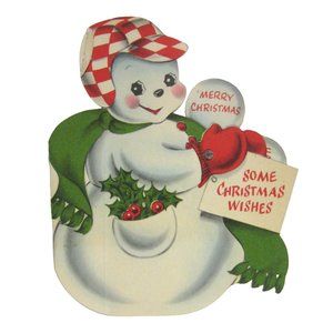 Norcross Christmas Card 1949 Used Die Cut Snowman Moving Snowballs Crease